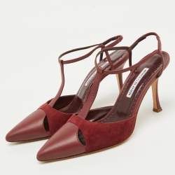 Manolo Blahnik Burgundy Leather and Suede Turgimodhi Pumps Size 38