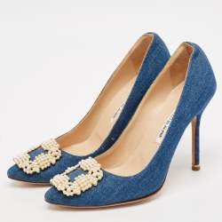Pre Owned Manolo Blahnik Blue Denim Pearl Embellished Hangisi Pumps Size 39