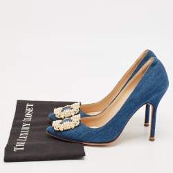 Pre Owned Manolo Blahnik Blue Denim Pearl Embellished Hangisi Pumps Size 39