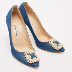 Pre Owned Manolo Blahnik Blue Denim Pearl Embellished Hangisi Pumps Size 39