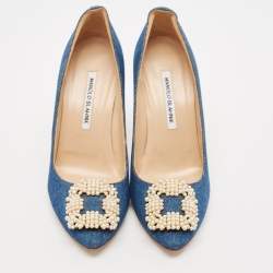 Pre Owned Manolo Blahnik Blue Denim Pearl Embellished Hangisi Pumps Size 39