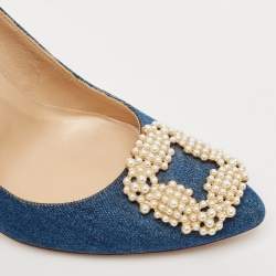 Pre Owned Manolo Blahnik Blue Denim Pearl Embellished Hangisi Pumps Size 39