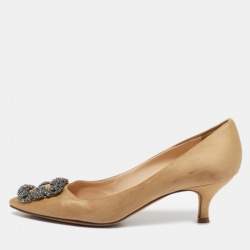 Manolo Blahnik Brown Satin Hangisi Embellished Pumps Size 36.5