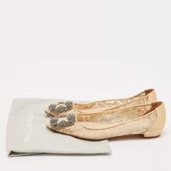 Manolo Blahnik Beige Lace and Satin Hangisi Embellished Ballet Flats Size 36
