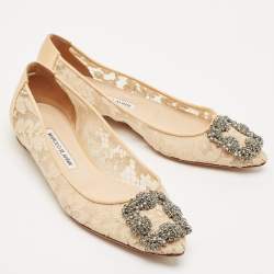 Manolo Blahnik Beige Lace and Satin Hangisi Embellished Ballet Flats Size 36