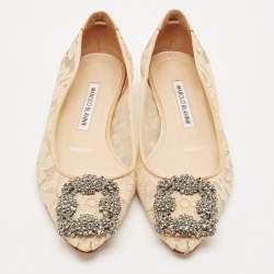 Manolo Blahnik Beige Lace and Satin Hangisi Embellished Ballet Flats Size 36