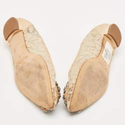 Manolo Blahnik Beige Lace and Satin Hangisi Embellished Ballet Flats Size 36