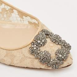 Manolo Blahnik Beige Lace and Satin Hangisi Embellished Ballet Flats Size 36