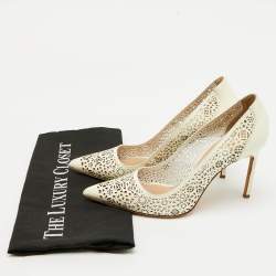 Pre Owned Manolo Blahnik White Leather Laser Cut-Out Pointed Toe Pumps Size 38