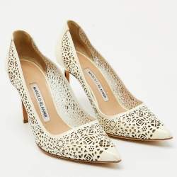 Pre Owned Manolo Blahnik White Leather Laser Cut-Out Pointed Toe Pumps Size 38