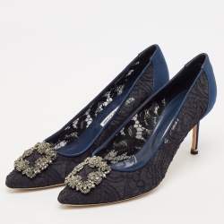 Pre Owned Manolo Blahnik Navy Blue Lace and Satin Hangisi Pumps Size 40.5
