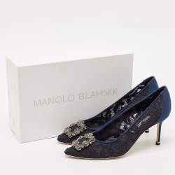 Pre Owned Manolo Blahnik Navy Blue Lace and Satin Hangisi Pumps Size 40.5