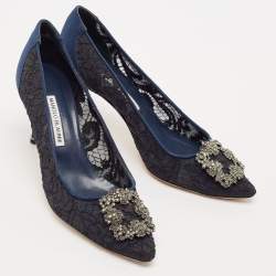 Pre Owned Manolo Blahnik Navy Blue Lace and Satin Hangisi Pumps Size 40.5