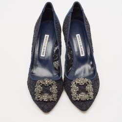 Pre Owned Manolo Blahnik Navy Blue Lace and Satin Hangisi Pumps Size 40.5