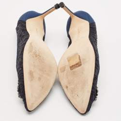 Pre Owned Manolo Blahnik Navy Blue Lace and Satin Hangisi Pumps Size 40.5