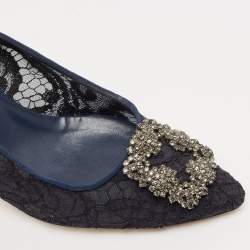 Pre Owned Manolo Blahnik Navy Blue Lace and Satin Hangisi Pumps Size 40.5