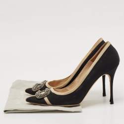 Pre Owned Manolo Blahnik Black/Grey Canvas and Fabric Hangisi Pumps Size 40.5