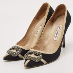 Pre Owned Manolo Blahnik Black/Grey Canvas and Fabric Hangisi Pumps Size 40.5