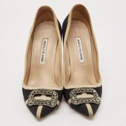 Pre Owned Manolo Blahnik Black/Grey Canvas and Fabric Hangisi Pumps Size 40.5