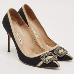 Pre Owned Manolo Blahnik Black/Grey Canvas and Fabric Hangisi Pumps Size 40.5