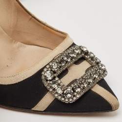 Pre Owned Manolo Blahnik Black/Grey Canvas and Fabric Hangisi Pumps Size 40.5