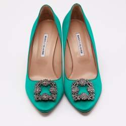 Manolo Blahnik Green Satin Hangisi Crystal Embellished Pumps Size 41
