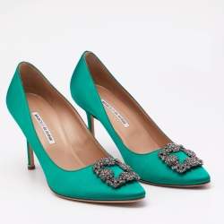 Manolo Blahnik Green Satin Hangisi Crystal Embellished Pumps Size 41