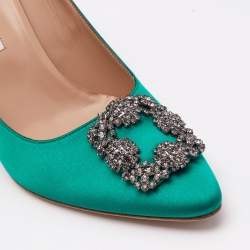 Manolo Blahnik Green Satin Hangisi Crystal Embellished Pumps Size 41