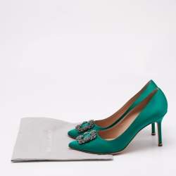 Manolo Blahnik Green Satin Hangisi Crystal Embellished Pumps Size 41