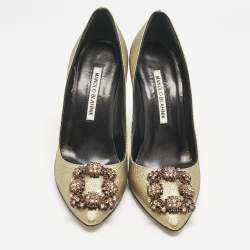 Manolo Blahnik Gold Fabric Hangisi Pumps Size 36.5