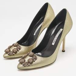 Manolo Blahnik Gold Fabric Hangisi Pumps Size 36.5