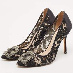 Manolo Blahnik Black Lace And Mesh Hangisi Pumps Size 36.5