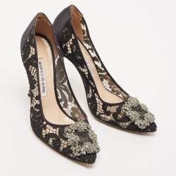 Manolo Blahnik Black Lace And Mesh Hangisi Pumps Size 36.5