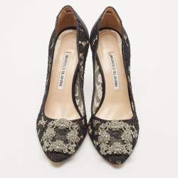 Manolo Blahnik Black Lace And Mesh Hangisi Pumps Size 36.5