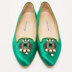 Manolo Blahnik Emerald Green Satin Eufrasia Smocking Slippers Size 40