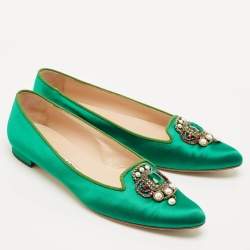 Manolo Blahnik Emerald Green Satin Eufrasia Smocking Slippers Size 40