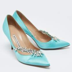 Manolo Blahnik Blue Satin Nadira Crystal Embellished Pointed Toe Pumps Size 38.5