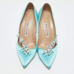 Manolo Blahnik Blue Satin Nadira Crystal Embellished Pointed Toe Pumps Size 38.5