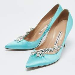 Manolo Blahnik Blue Satin Nadira Crystal Embellished Pointed Toe Pumps Size 38.5