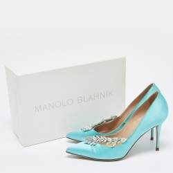 Manolo Blahnik Blue Satin Nadira Crystal Embellished Pointed Toe Pumps Size 38.5