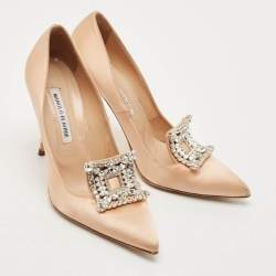 Manolo Blahnik Dusty Pink Satin Borlak Crystal Embellished Pumps Size 38.5