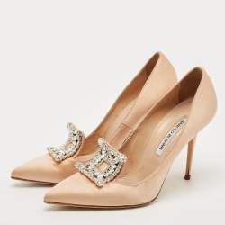 Manolo Blahnik Dusty Pink Satin Borlak Crystal Embellished Pumps Size 38.5