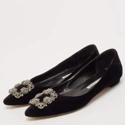 Pre Owned Manolo Blahnik Black Velvet Hangisi Ballet Flats Size 37.5