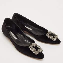 Pre Owned Manolo Blahnik Black Velvet Hangisi Ballet Flats Size 37.5