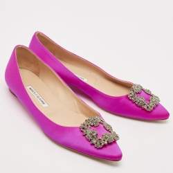 Pre Owned Manolo Blahnik Pink Satin Hangisi Crystal Embellished Ballet Flats Size 40.5