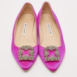 Pre Owned Manolo Blahnik Pink Satin Hangisi Crystal Embellished Ballet Flats Size 40.5