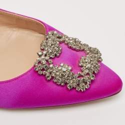 Pre Owned Manolo Blahnik Pink Satin Hangisi Crystal Embellished Ballet Flats Size 40.5
