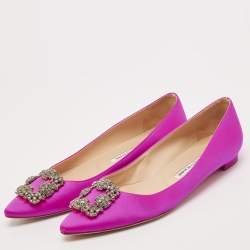 Pre Owned Manolo Blahnik Pink Satin Hangisi Crystal Embellished Ballet Flats Size 40.5