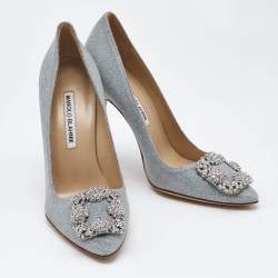Manolo Blahnik Silver Lurex Fabric Hangisi Pumps Size 37.5