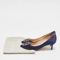 Pre Owned Manolo Blahnik Navy Blue Satin Hangisi Pumps Size 37.5